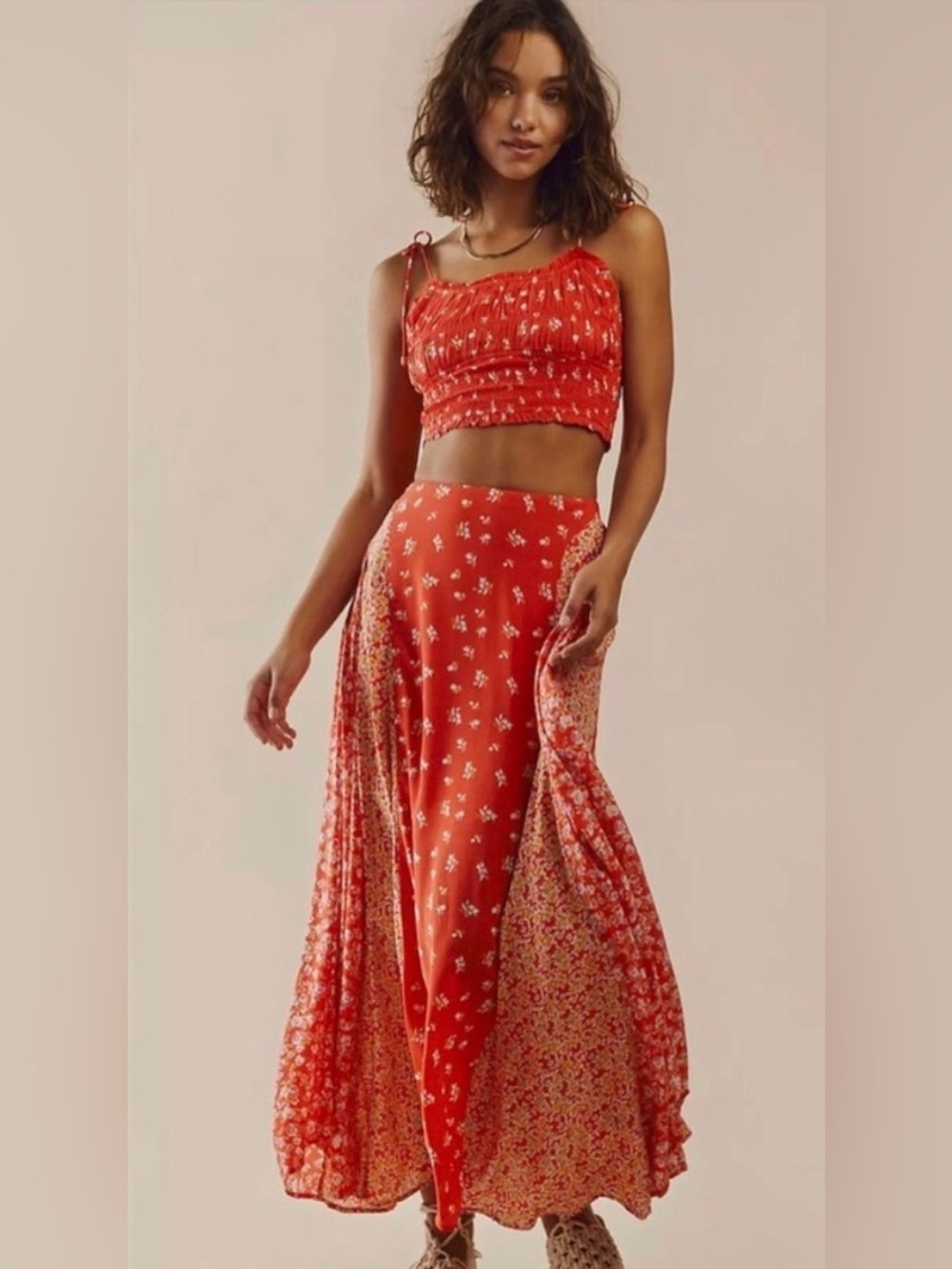 Free People Kaia Floral Maxi Skirt Crop Top 2pc Set Cherry Red